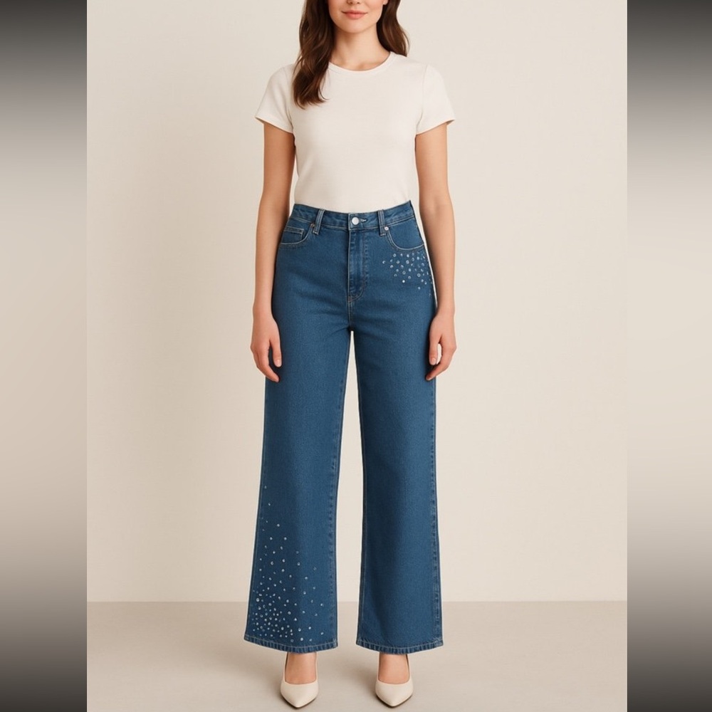 INC Glam Bottoms IV Wide Leg High Rise Cotton Jeans with Embellishments Indigo 8